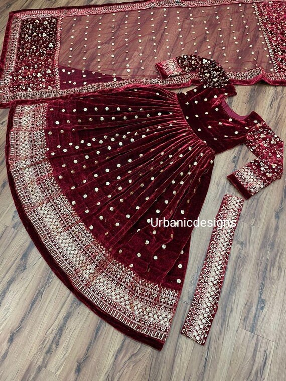Maroon Velvet Anarkali Salwar Kameez, Embroidered Pakistani Suit