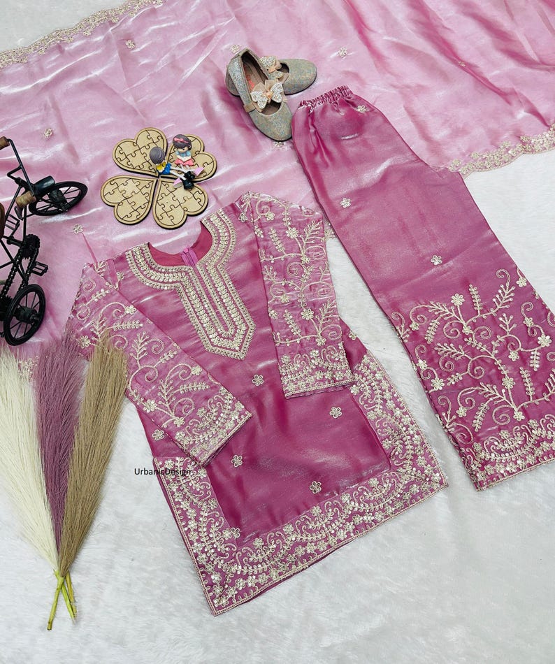 Girls Silk Kurti Sharara Set with Dupatta, Indian Ethnic Wear for Eid, Pakistani Ramzan image 9