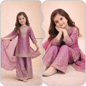 Girls Silk Kurti Sharara Set with Dupatta, Indian Ethnic Wear for Eid, Pakistani Ramzan image 10