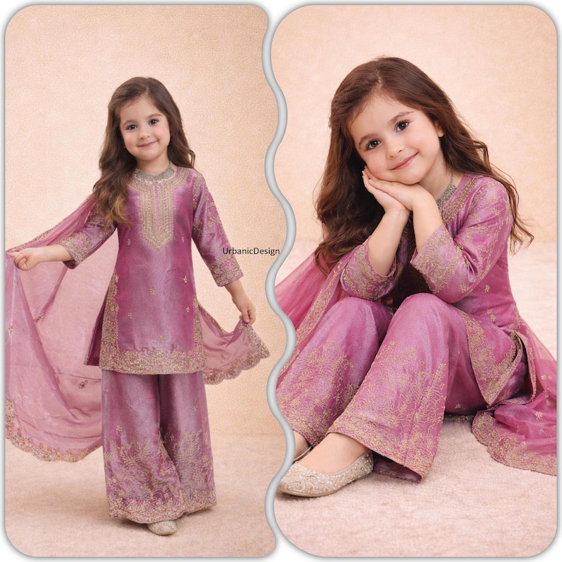 Girls Silk Kurti Sharara Set with Dupatta, Indian Ethnic Wear for Eid, Pakistani Ramzan image 10