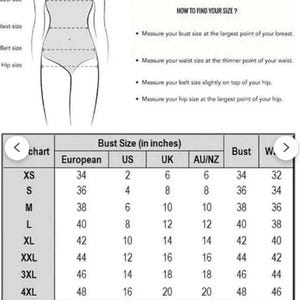 May include: A size chart with bust size measurements in inches, including European, US, UK, and AU/NZ sizes. The chart also provides instructions on how to measure bust, waist, belt, and hip sizes.
