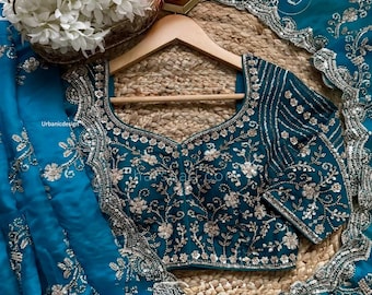 Bollywood Sari Fendy Seide | Schwere Perlen Pailletten Arbeit, Designer Bluse (Ungenäht)