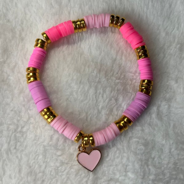 Pink heart heishi/clay beaded bracelet- trendy- summer bracelets