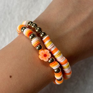 Orange sunset and flower heishi/clay beaded bracelet set-trendy-summer