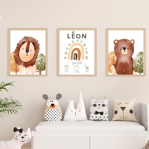 Lote 3 Pósteres infantiles personalizados para imprimir - León/Nombre/Oso - Decoración habitación infantil - Regalos de nacimiento - Bautismo