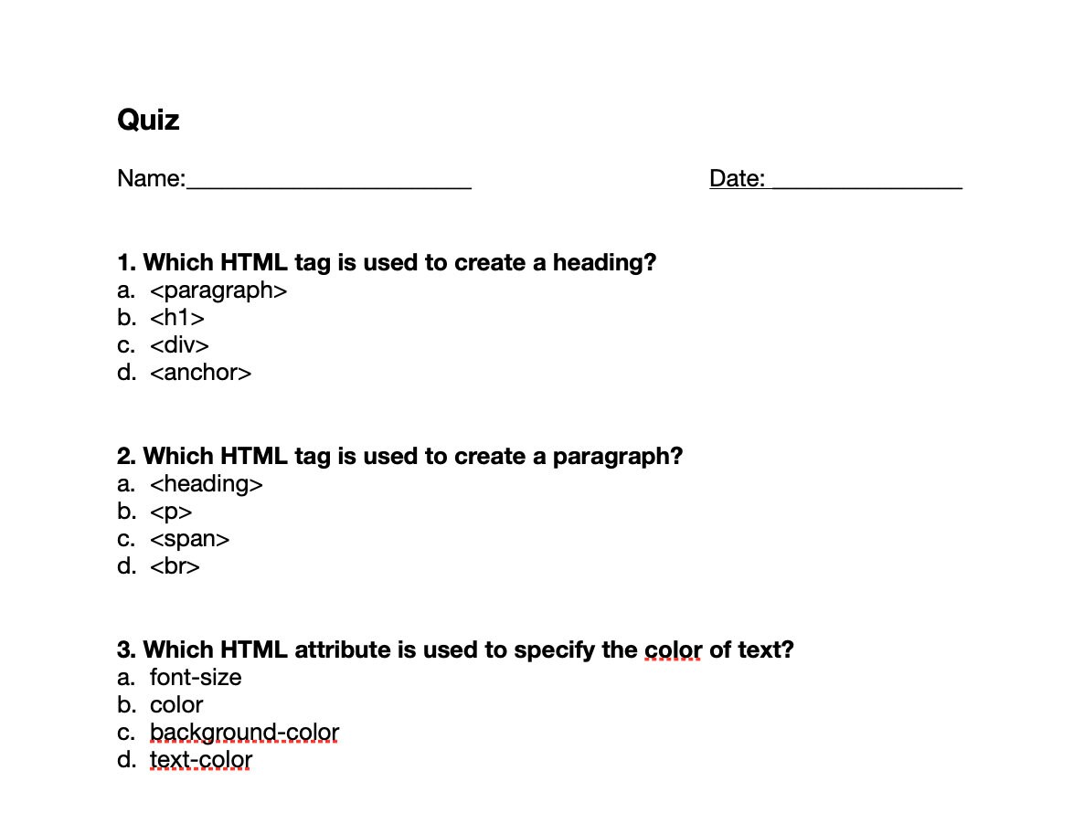 HTML Made Easy - Quiz With Answer Sheet - Etsy