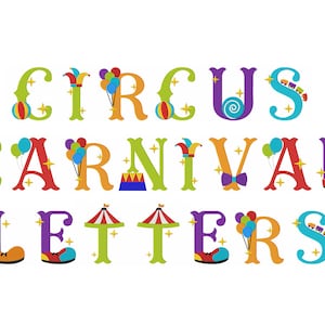 Puede incluir: Letras de carnaval de circo coloridas con varias decoraciones, incluyendo globos, un payaso, una carpa, una noria y una pajarita.