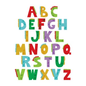 Pu&ograve; includere: Un alfabeto colorato con ogni lettera in un colore diverso e decorata con piccoli punti. Le lettere sono disposte in righe, iniziando con A, B, C e terminando con V, W, X, Y, Z.