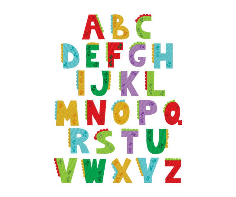 Pu&ograve; includere: Un alfabeto colorato con ogni lettera in un colore diverso e decorata con piccoli punti. Le lettere sono disposte in righe, iniziando con A, B, C e terminando con V, W, X, Y, Z.