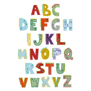 Pu&ograve; includere: Lettere dell'alfabeto colorate con diversi motivi e trame. Ogni lettera &egrave; contornata di bianco e ha un bordo ondulato.