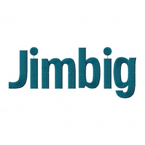 May include: Teal embroidered text that reads "Jimbig" on a white background. The letters are thick and stylized, with a small dot above the "i". The embroidery gives the text a textured appearance.