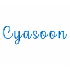 May include: The name "Cyason" embroidered in a cursive, blue font. The letters are connected, creating a flowing, elegant appearance. The background is plain white, highlighting the name.