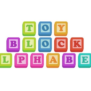 May include: Colorful toy alphabet blocks spelling out "TOY BLOCK ALPHABET". The blocks are square, with each letter displayed on a different colored block. The blocks are arranged in two rows, with the word "TOY" on top.