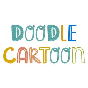 Peut inclure: Texte "Doodle Cartoon" en différentes couleurs, dont le jaune, l'orange, le rose, le bleu et le vert. Le texte est stylisé avec un aspect dessiné à la main.