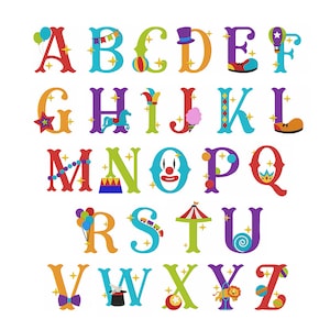 May include: A colourful alphabet with circus-themed illustrations. Each letter is decorated with a different circus element, such as a clown, a hat, a star, a carousel horse, a tent, a balloon, a crown, a shoe, a ball, a candy floss, a train, a lion, a bow, a magic wand, and a circus ring.