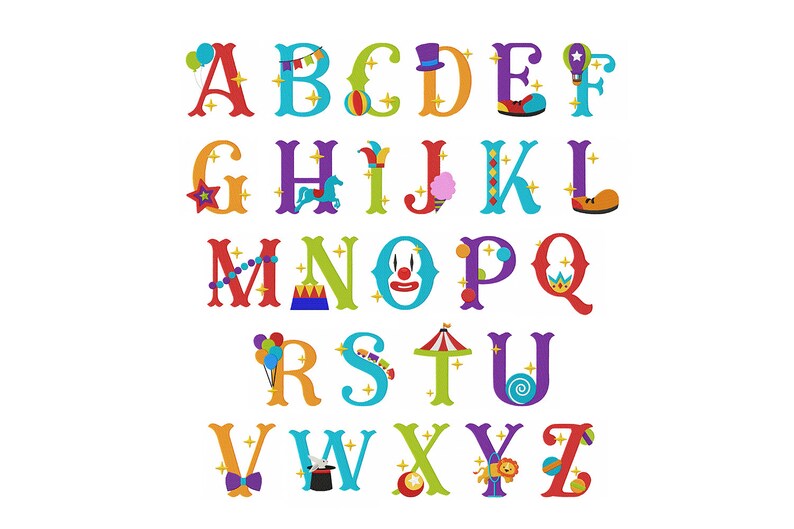 May include: A colourful alphabet with circus-themed illustrations. Each letter is decorated with a different circus element, such as a clown, a hat, a star, a carousel horse, a tent, a balloon, a crown, a shoe, a ball, a candy floss, a train, a lion, a bow, a magic wand, and a circus ring.