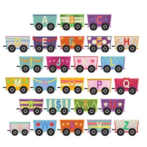 May include: A colourful alphabet train with each letter on a separate train carriage. The carriages are decorated with different patterns and colours. The letters are in uppercase.
