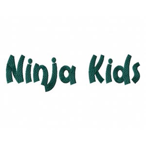 May include: Green embroidered text that reads "Ninja Kids" in a playful, cartoon-style font.