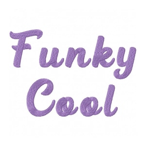 May include: Purple embroidered text that reads "Funky Cool" on a white background.