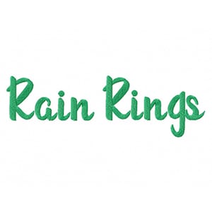 May include: Green cursive text that reads "Rain Rings" on a white background.