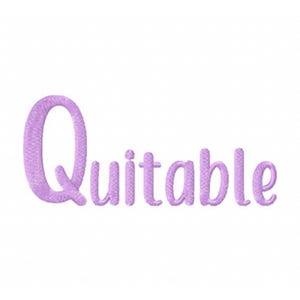 May include: The word "Quittable" is embroidered in a light purple color on a white background.