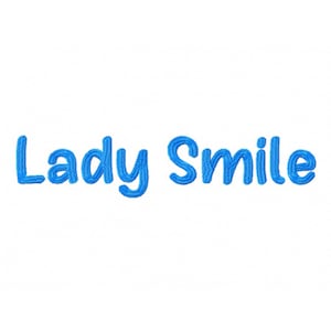 Puede incluir: Texto bordado en azul que dice "Lady Smile" sobre un fondo blanco.