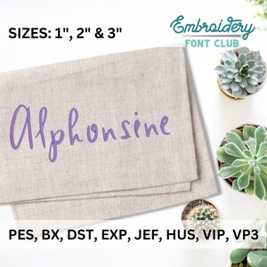 May include: Embroidery design for the name Alphonsine in purple thread on a beige fabric background. The design is available in 1, 2, and 3 inch sizes. The file formats included are PES, BX, DST, EXP, JEF, HUS, VIP, and VP3.