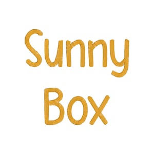May include: A yellow graphic with the text "Sunny Box" in a handwritten font.