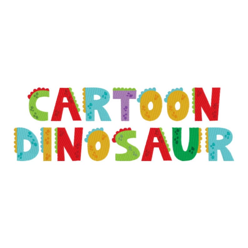 Pu&ograve; includere: Testo di dinosauro dei cartoni animati colorato con uno schema di colori verde, giallo, rosso, blu e viola. Il testo dice "Cartoon Dinosaur".