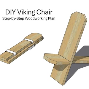 Puede incluir: Un plan de carpintería de bricolaje para una silla vikinga. La imagen muestra una silla terminada y una versión plegada y compacta. La silla está hecha de madera de color claro. El texto "DIY Viking Chair Step-by-Step Woodworking Plan" está en la parte superior.