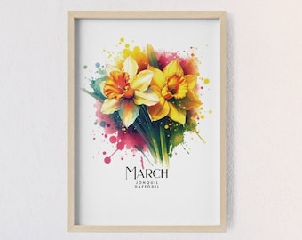 March Jonquil Daffodil Fiore di nascita Wall Art, Stampa poster con cornice in legno chiaro, Regalo per il compleanno, Giardino della nonna, Personalizzato, Asilo nido
