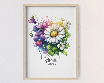 April Daisy, Sweet Pea, Geburtsblumenwandkunst, leichter Holzrahmen, Posterdruck, Geschenk für Geburtstag, Großmutter Garten, personalisiert, Kinderzimmer