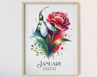 Januar Nelke, Schneeglöckchen Geburtsblume Wandkunst, heller Holzrahmen Posterdruck, Geschenk zum Geburtstag, Großmutter Garten, personalisiert