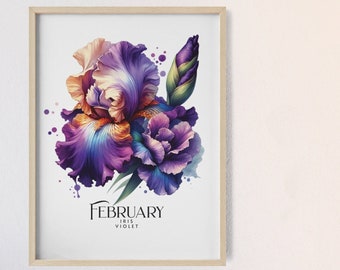 Februar Iris, Violett, Geburtsblumen Wandkunst, heller Holzrahmen Posterdruck, Geschenk zum Geburtstag, Großmutter Garten, personalisiert, Kinderzimmer