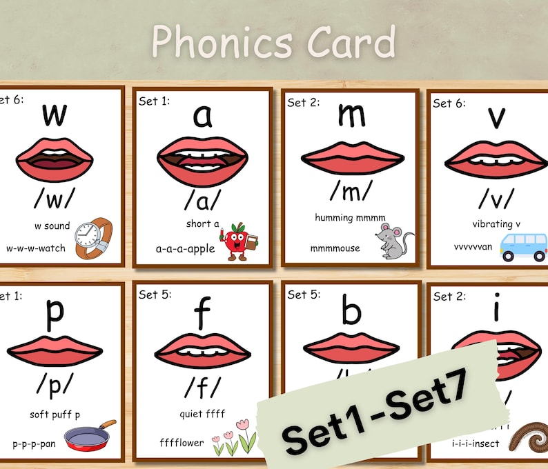May include: A set of phonics flashcards with illustrations of mouths, letters, and associated words. Each card features a letter, phonetic symbol, and a word example. The cards are designed for educational purposes, with a wooden frame.