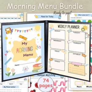 Morning Menu homeschool daily worksheets, Morning basket kids, Circle time preschool, Kindergarten morning menu with cover, Morning binder.