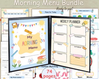 Morning Menu homeschool daily worksheets, Morning basket kids, Circle time preschool, Kindergarten morning menu with cover, Morning binder.
