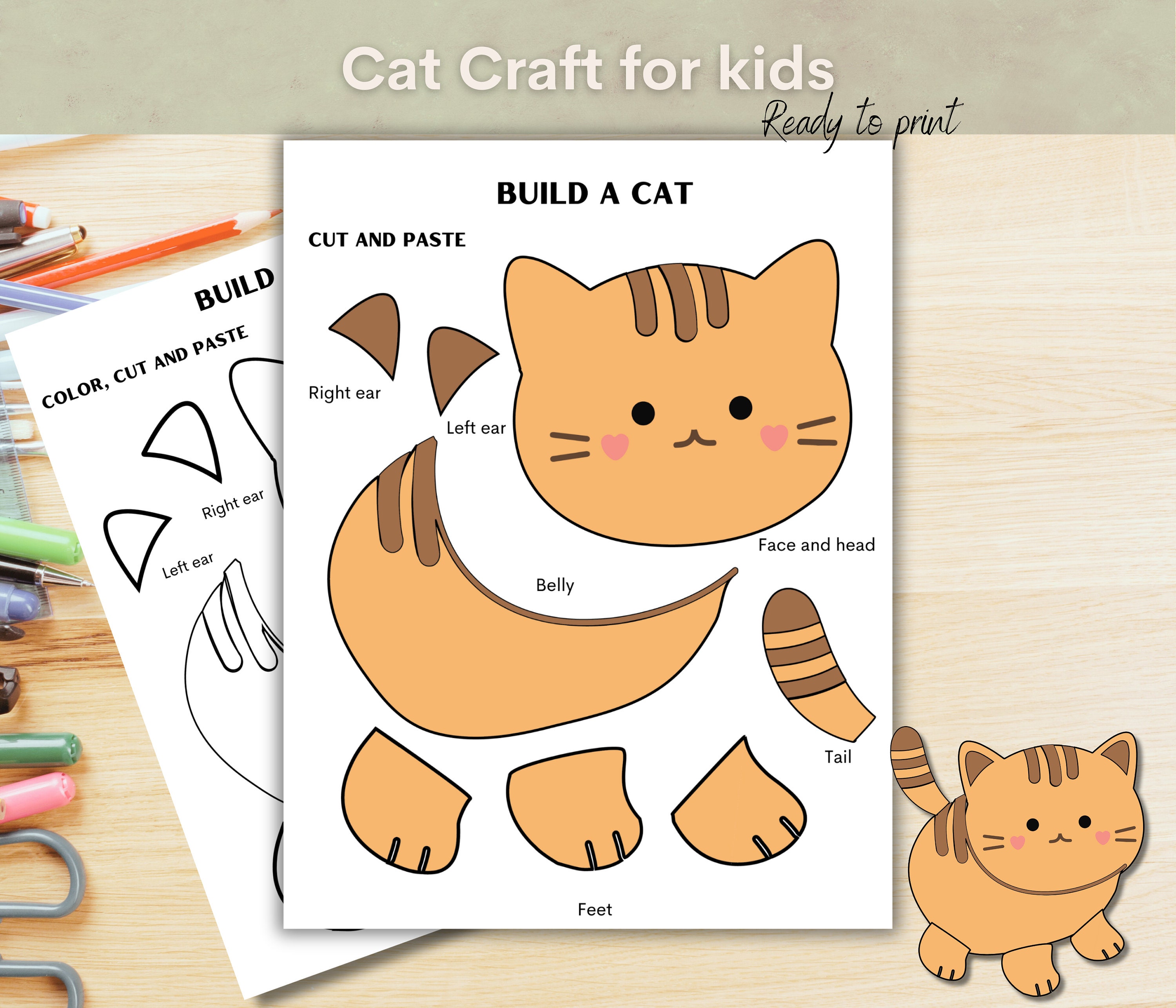 Cut and paste cat activity for kids, Preschool cutting practice, Scissor skills activity, Cut and paste worksheet, PreK cut and paste craft.