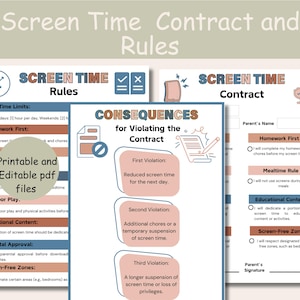 Screen time contract and rules chart  kids, Consequence chart for violation, Screen time management, Screen time tracker, Contract Template.