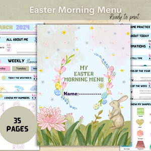 Menu du matin de Pâques d'avril pour les enfants, menu du matin pour l'école à la maison à l'école à la maison, panier du matin pour les tout-petits, menu du matin pour l'école à la maison pour le jardin d'enfants.