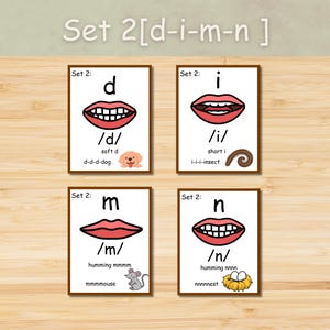 May include: Educational flashcards for phonics, featuring the letters d, i, m, and n. Each card displays a mouth shape, phonetic symbol, and a corresponding image. The set includes a dog, insect, mouse, and nest illustrations. The text "Set 2 [d-i-m-n]" is at the top.