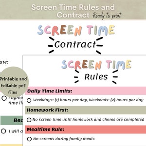 May include: A printable screen time contract and rules for children. The contract includes daily time limits, homework first, and a mealtime rule. The document is designed to help parents and children set healthy screen time boundaries.