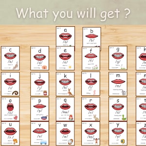 May include: Educational flashcards with phonetic symbols and mouth illustrations. The cards feature the alphabet with corresponding sounds, such as /a/, /b/, /k/, and /d/. The text "What you will get?" is at the top.