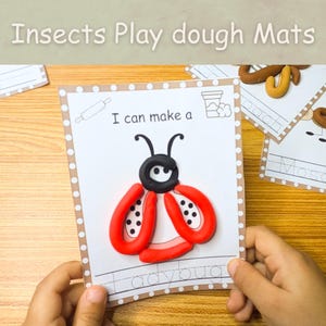 May include: A play dough mat with a ladybug design. The mat has the text "I can make a ladybug" printed on it. The ladybug is made of red, black, and white play dough.