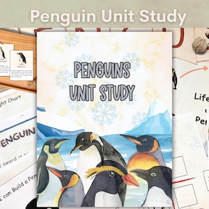 May include: A printable penguin unit study with colourful illustrations of penguins, snowflakes, and a life cycle diagram. The text "PENGUINS UNIT STUDY" is in grey on a light blue background.