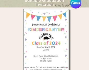 May include: A colorful invitation for a kindergarten graduation ceremony. The invitation features a graduation cap, confetti, and the text "Kindergarten Graduation Class of 2024". The event will be held at Happy Faces School Auditorium on Saturday, May 26, 2024 at 12:30.
