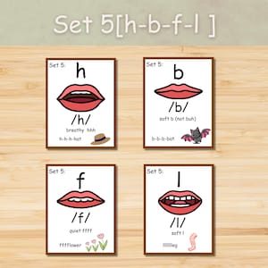 May include: Four flashcards for phonics instruction. Each card features a letter (h, b, f, l) with a corresponding mouth illustration, phonetic symbol, and example word. The cards are labeled "Set 5" and include visual aids like a hat, bat, flowers, and a leg.