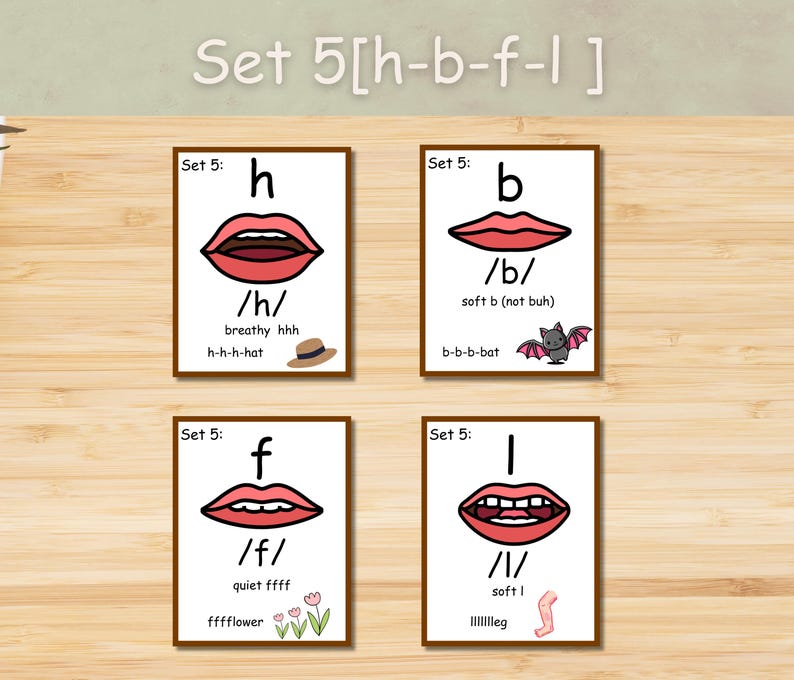 May include: Four flashcards for phonics instruction. Each card features a letter (h, b, f, l) with a corresponding mouth illustration, phonetic symbol, and example word. The cards are labeled "Set 5" and include visual aids like a hat, bat, flowers, and a leg.