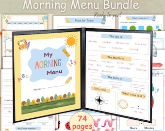 Morning Menu homeschool kindergarten daily worksheets, Circle time preschool Morning basket, Morning menu with cover pages, Morning binder.