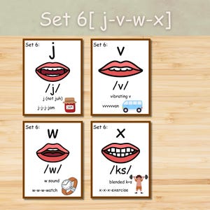 May include: Four flashcards for phonics instruction. Each card features a letter (j, v, w, x) with a corresponding mouth illustration, phonetic symbol, and example word. The cards include images of jam, a bus, a watch, and a person lifting weights. The text "Set 6 [j-v-w-x]" is at the top.